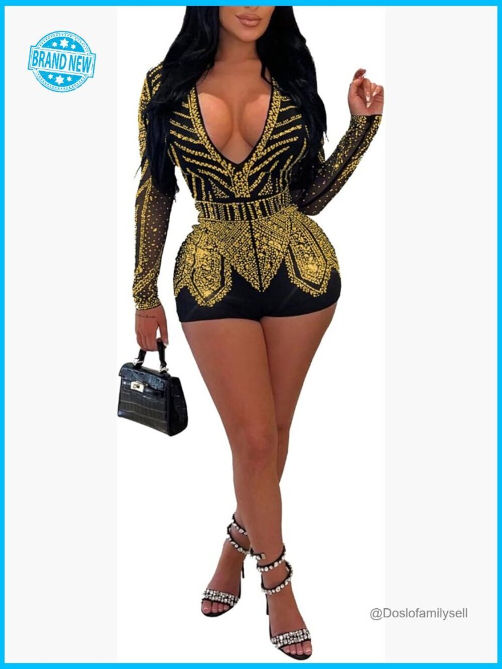 Embellished Rhinestone Bodycon Jumpsuit Mesh See Through Party Clubwear